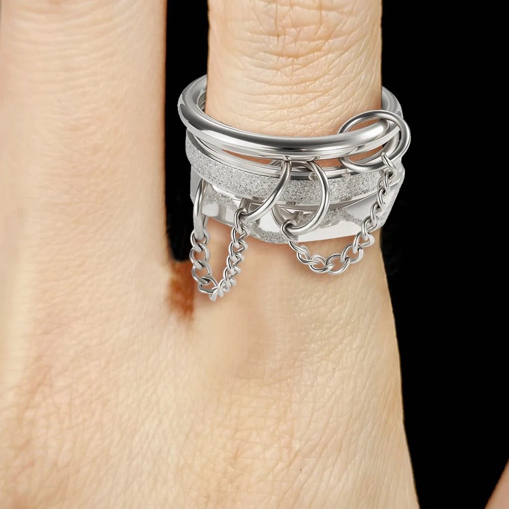 3pcs Gold Stainless Steel Link Chain Rings Set – Minimalist Frosted Stackable Spinelli-Inspired Rings for Women & Men – Handmade Jewelry