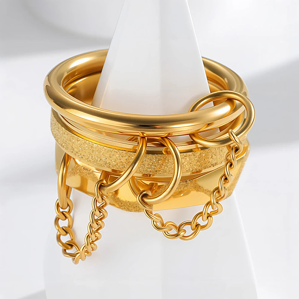 3pcs Gold Stainless Steel Link Chain Rings Set – Minimalist Frosted Stackable Spinelli-Inspired Rings for Women & Men – Handmade Jewelry