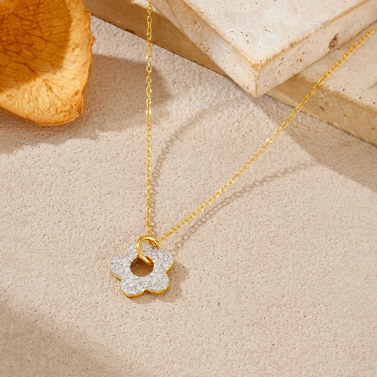 925 Sterling Silver CZ Flower Necklace – Delicate Petal Pendant, Sweet & Romantic Jewelry