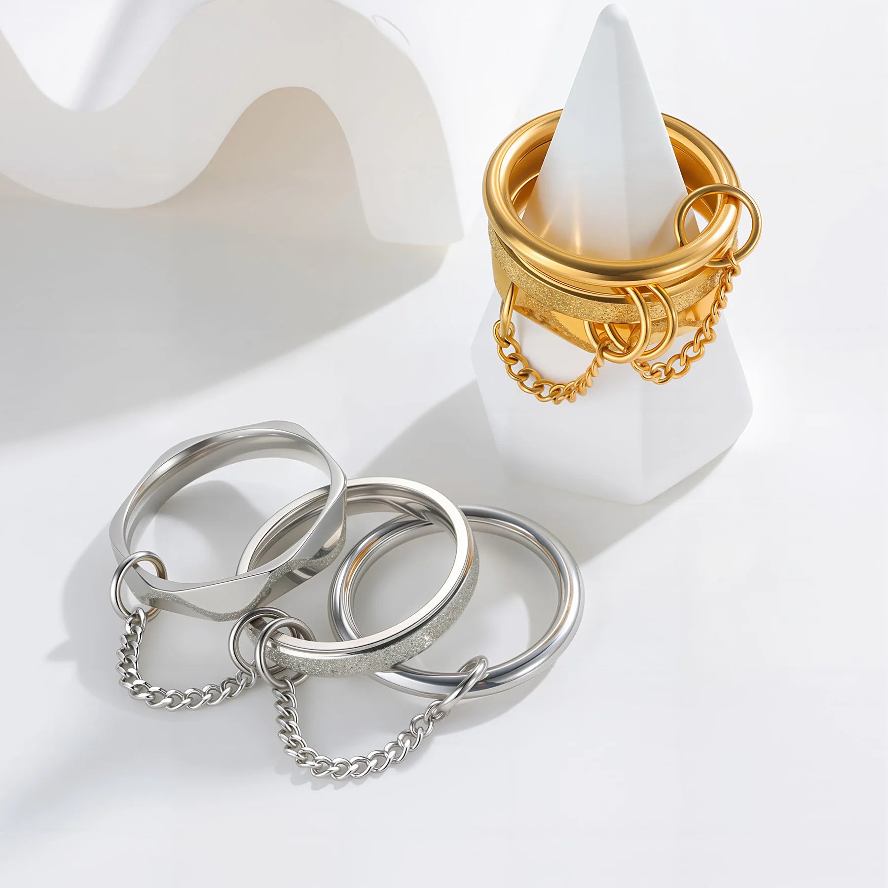 3pcs Gold Stainless Steel Link Chain Rings Set – Minimalist Frosted Stackable Spinelli-Inspired Rings for Women & Men – Handmade Jewelry