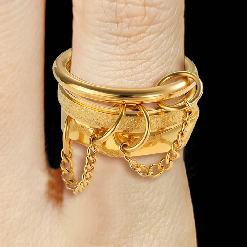 3pcs Gold Stainless Steel Link Chain Rings Set – Minimalist Frosted Stackable Spinelli-Inspired Rings for Women & Men – Handmade Jewelry