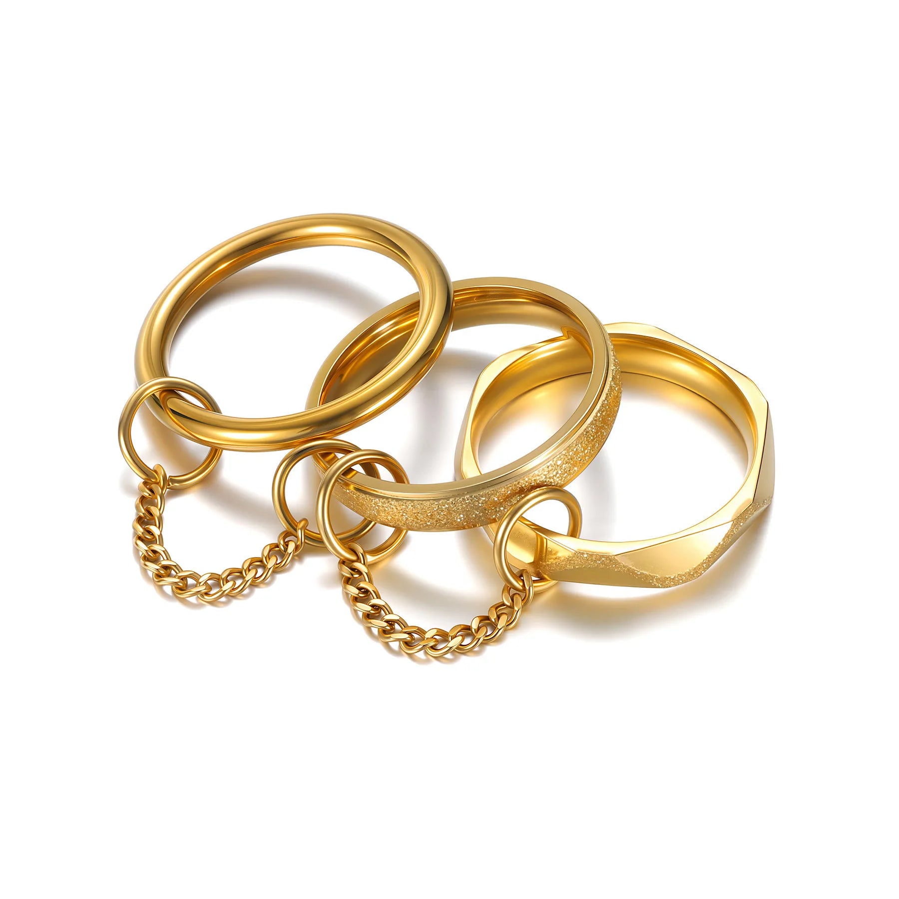 3pcs Gold Stainless Steel Link Chain Rings Set – Minimalist Frosted Stackable Spinelli-Inspired Rings for Women & Men – Handmade Jewelry