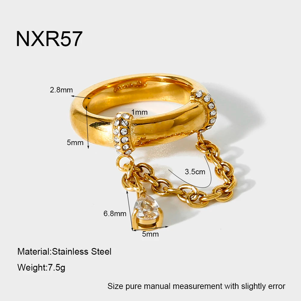 18K Gold Plated Stainless Steel Chain Link Ring with Waterdrop Cubic Zirconia – Elegant Waterproof Jewelry for Women